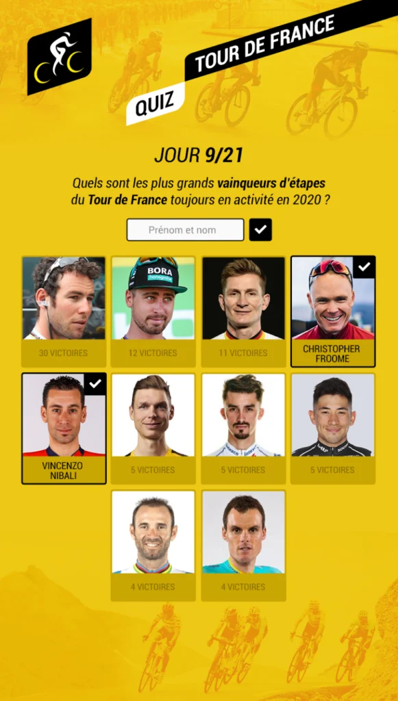 Quiz spécial sport avec vérification instantanée _ Quels sont les plus grands vainqueurs d'étapes du Tour de France toujours en activité en 2020 _